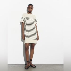 ZARA ECRU BLACK STRIPE SHORT KNIT DRESS